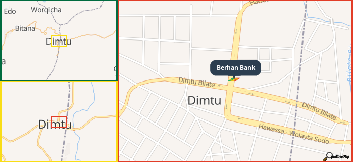 Map showing the address of Berhan Bank in three different zoom levels.