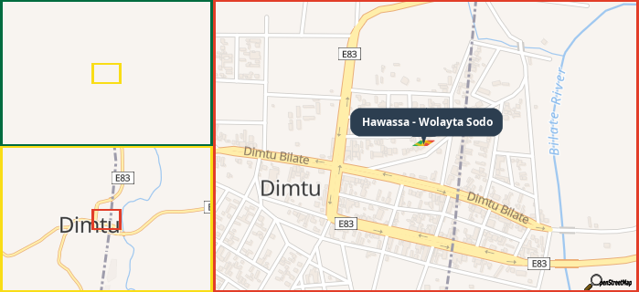 Map showing the address of Hawassa - Wolayta Sodo in three different zoom levels.