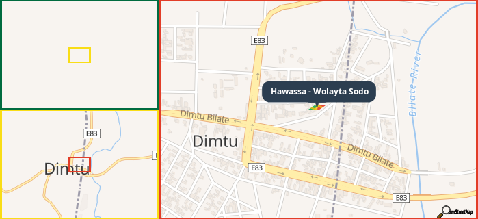 Map showing the address of Hawassa - Wolayta Sodo in three different zoom levels.