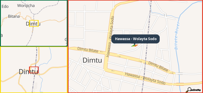 Map showing the address of Hawassa - Wolayta Sodo in three different zoom levels.