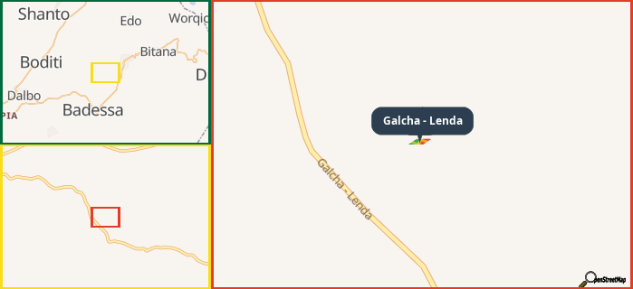 Map showing the address of Galcha - Lenda in three different zoom levels.