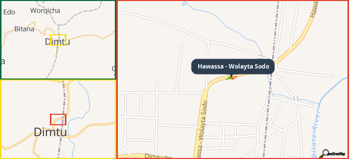 Map showing the address of Hawassa - Wolayta Sodo in three different zoom levels.