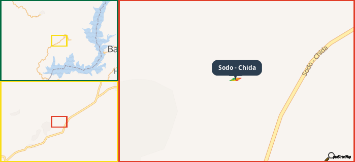 Map showing the address of Sodo - Chida in three different zoom levels.