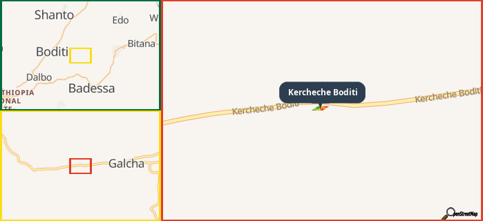 Map showing the address of Kercheche Boditi in three different zoom levels.