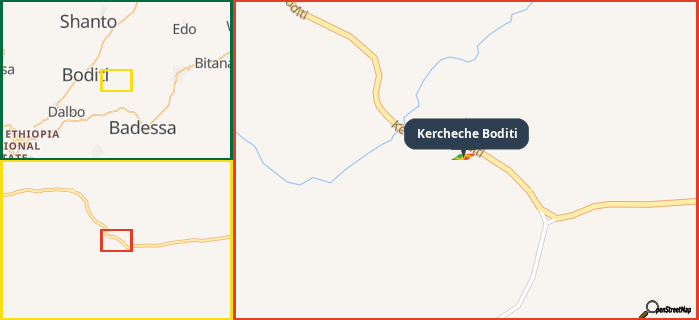 Map showing the address of Kercheche Boditi in three different zoom levels.