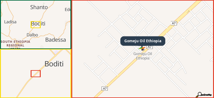 Map showing the address of Gomeju Oil Ethiopia in three different zoom levels.