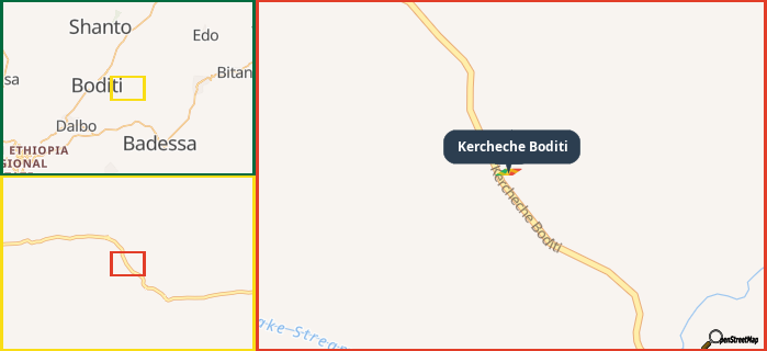 Map showing the address of Kercheche Boditi in three different zoom levels.