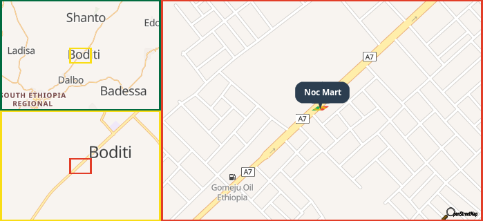 Map showing the address of Noc Mart in three different zoom levels.