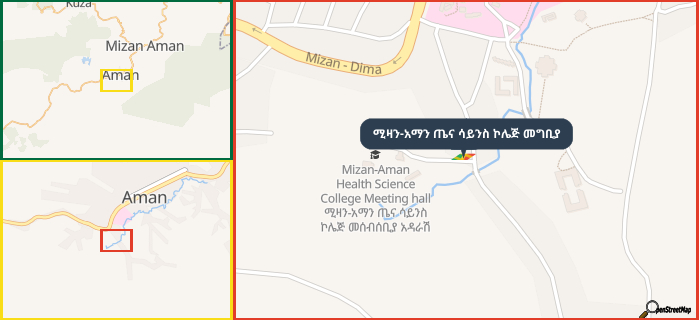 Map showing the address of ሚዛን-አማን ጤና ሳይንስ ኮሌጅ መግቢያ in three different zoom levels.