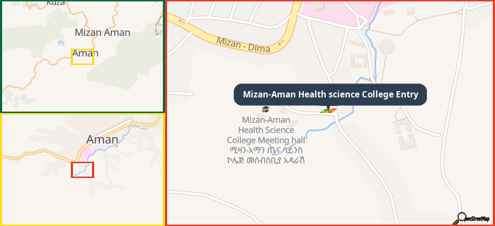 Map showing the address of Mizan-Aman Health science College Entry in three different zoom levels.