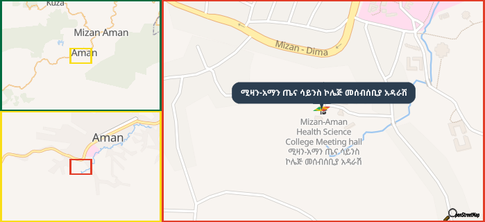 Map showing the address of ሚዛን-አማን ጤና ሳይንስ ኮሌጅ መሰብሰቢያ አዳራሽ in three different zoom levels.