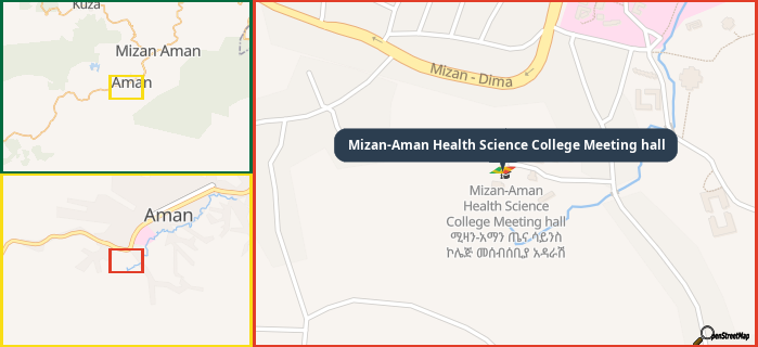 Map showing the address of Mizan-Aman Health Science College Meeting hall in three different zoom levels.