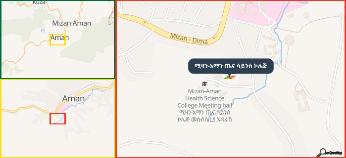 Map showing the address of ሚዛን-አማን ጤና ሳይንስ ኮሌጅ in three different zoom levels.