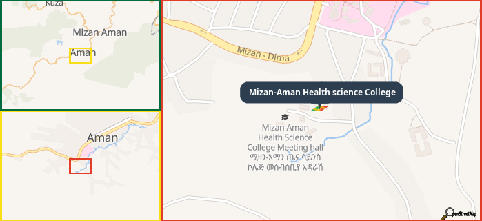 Map showing the address of Mizan-Aman Health science College in three different zoom levels.
