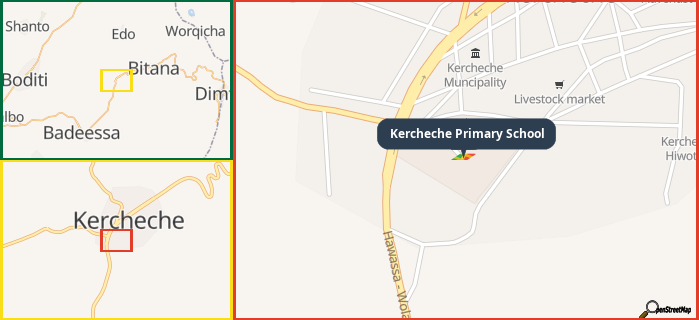 Map showing the address of Kercheche Primary School in three different zoom levels.