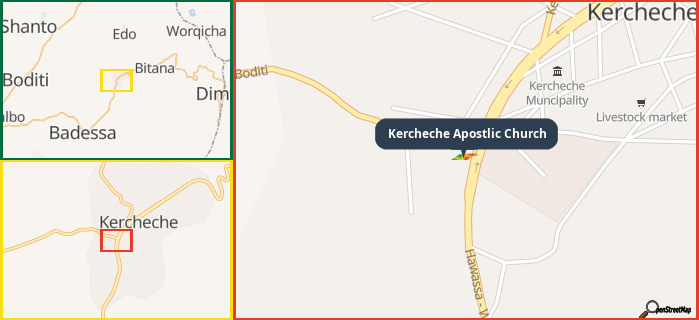 Map showing the address of Kercheche Apostlic Church in three different zoom levels.