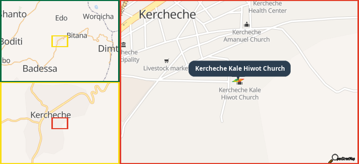 Map showing the address of Kercheche Kale Hiwot Church in three different zoom levels.