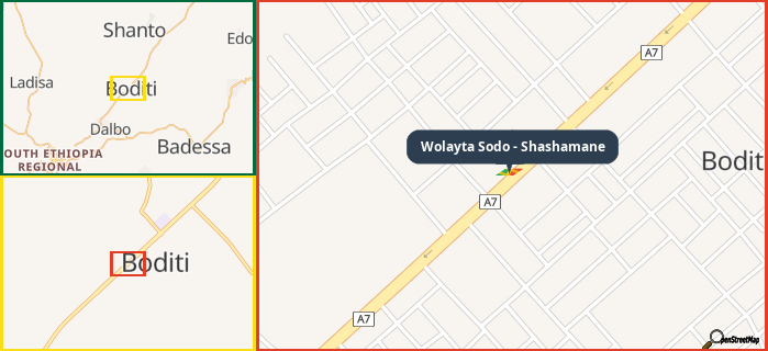 Map showing the address of Wolayta Sodo - Shashamane in three different zoom levels.