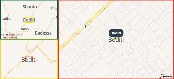 Map showing the address of Boditi in three different zoom levels.