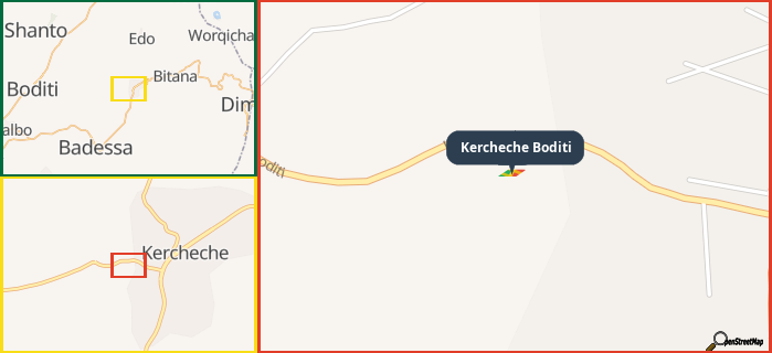 Map showing the address of Kercheche Boditi in three different zoom levels.