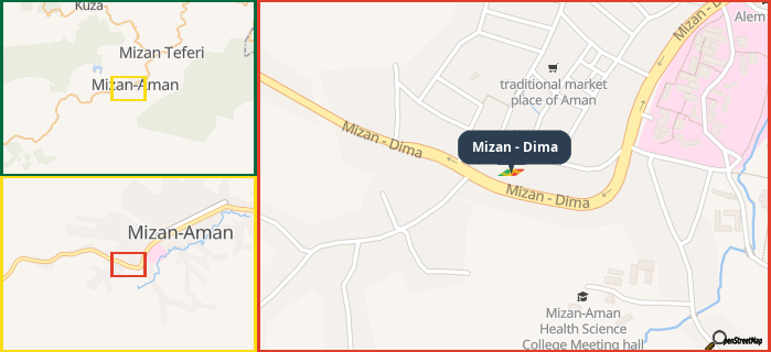 Map showing the address of Mizan - Dima in three different zoom levels.