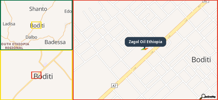 Map showing the address of Zagol Oil Ethiopia in three different zoom levels.