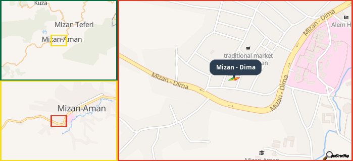 Map showing the address of Mizan - Dima in three different zoom levels.