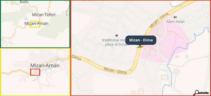 Map showing the address of Mizan - Dima in three different zoom levels.