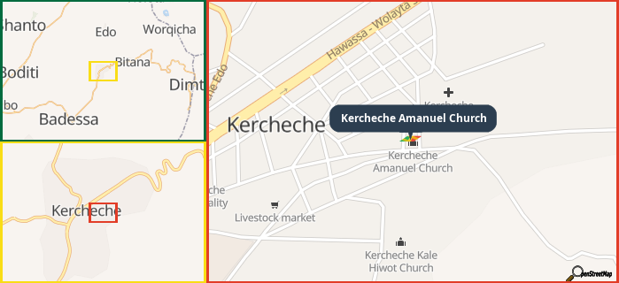 Map showing the address of Kercheche Amanuel Church in three different zoom levels.