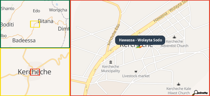 Map showing the address of Hawassa - Wolayta Sodo in three different zoom levels.