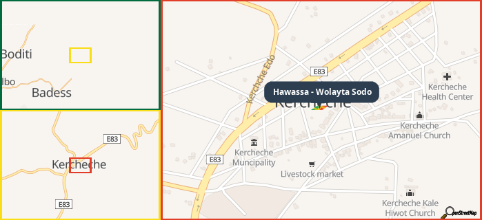 Map showing the address of Hawassa - Wolayta Sodo in three different zoom levels.