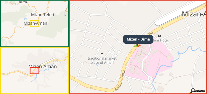 Map showing the address of Mizan - Dima in three different zoom levels.