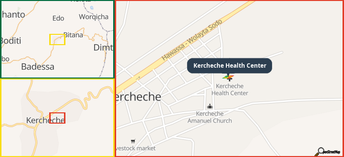 Map showing the address of Kercheche Health Center in three different zoom levels.