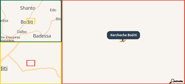 Map showing the address of Kercheche Boditi in three different zoom levels.