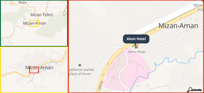 Map showing the address of Alem Hotel in three different zoom levels.