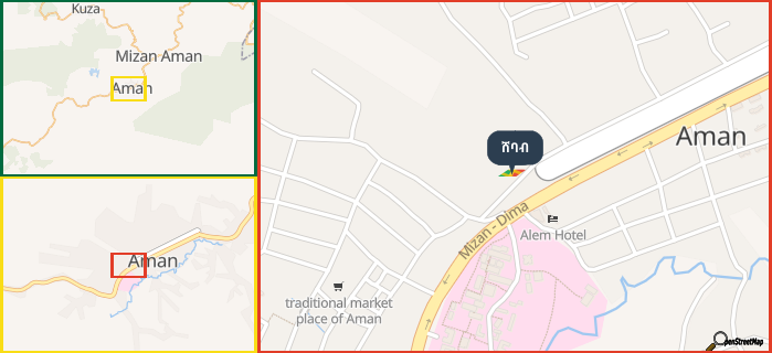 Map showing the address of ሸባብ in three different zoom levels.