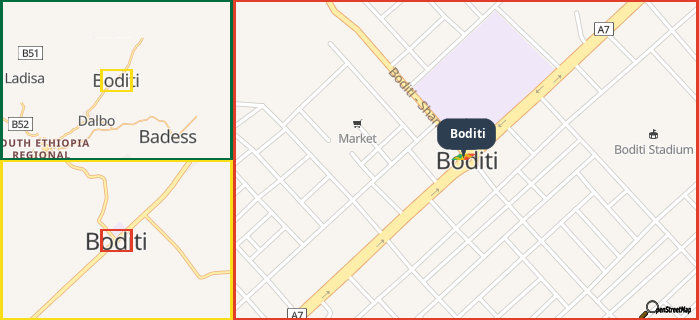 Map showing the address of Boditi in three different zoom levels.
