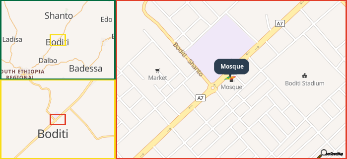 Map showing the address of Mosque in three different zoom levels.