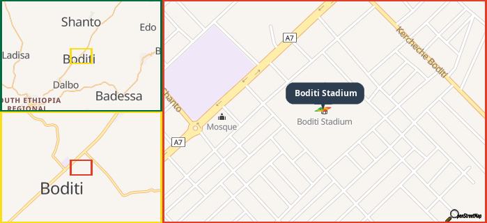 Map showing the address of Boditi Stadium in three different zoom levels.