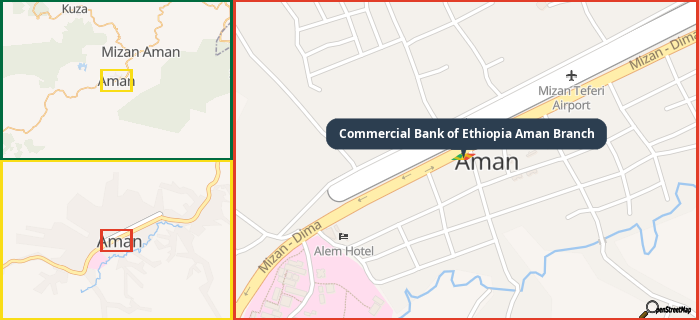 Map showing the address of Commercial Bank of Ethiopia Aman Branch in three different zoom levels.
