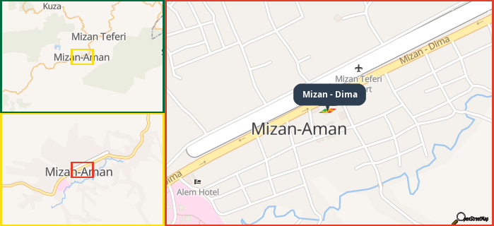 Map showing the address of Mizan - Dima in three different zoom levels.