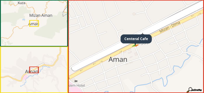 Map showing the address of Centeral Cafe in three different zoom levels.