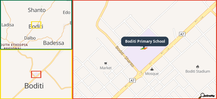 Map showing the address of Boditi Primary School in three different zoom levels.