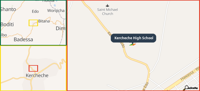 Map showing the address of Kercheche High School in three different zoom levels.