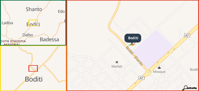 Map showing the address of Boditi in three different zoom levels.
