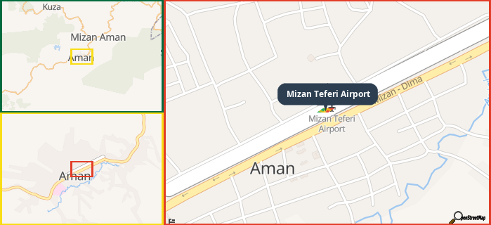 Map showing the address of Mizan Teferi Airport in three different zoom levels.