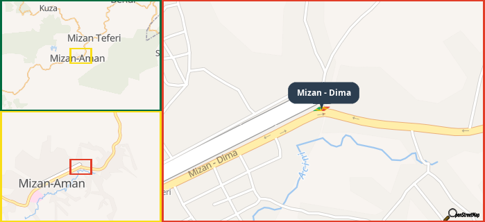 Map showing the address of Mizan - Dima in three different zoom levels.