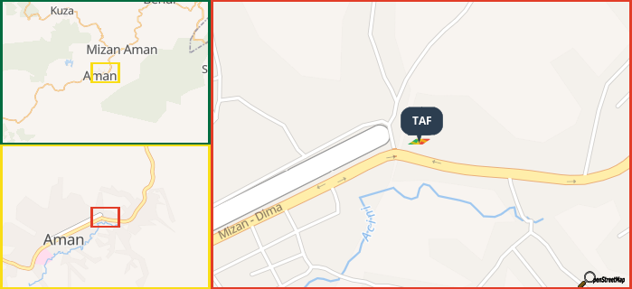 Map showing the address of TAF in three different zoom levels.