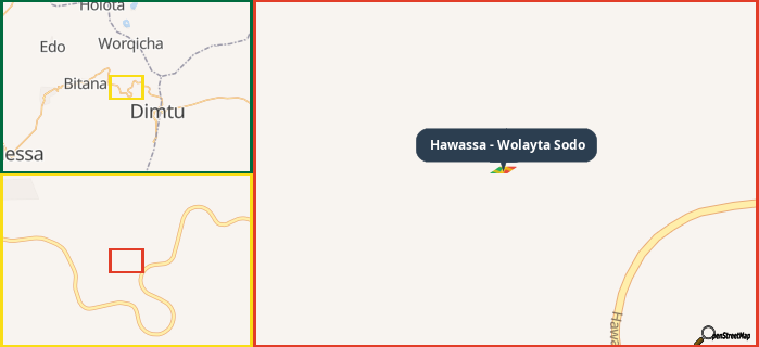 Map showing the address of Hawassa - Wolayta Sodo in three different zoom levels.