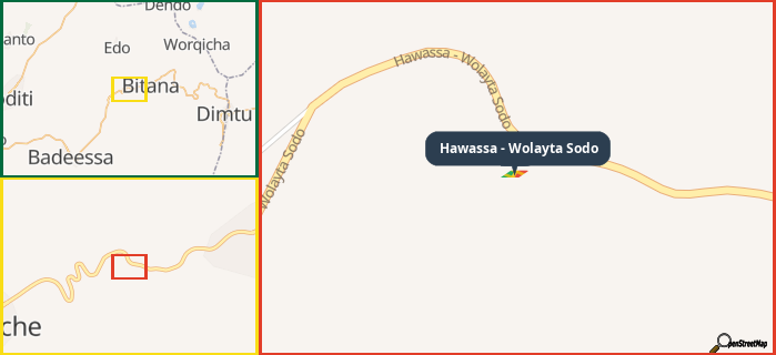 Map showing the address of Hawassa - Wolayta Sodo in three different zoom levels.